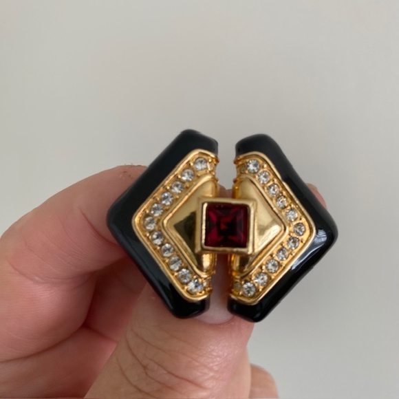 Black Enamel Cubic Zirconia and Red Stone Dangle Drop Earrings and Brooch Set - Picture 2 of 6